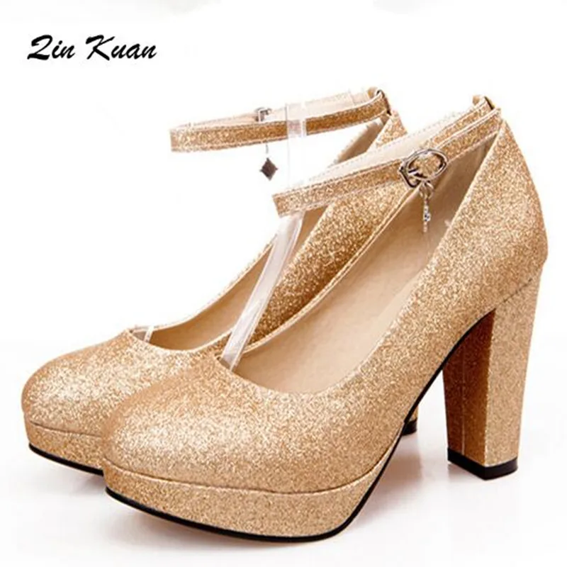 

Women Fashion Round Toe Sequin Cloth Wedding Pumps New Style Ladies Solid Color Ankle Buckle Party High Heel Shoes QKP0063B
