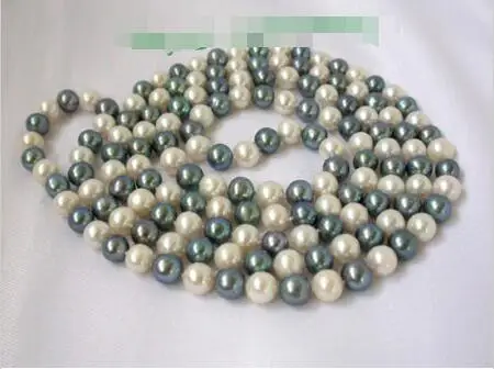 

Free shipping hot sale Women Bridal Wedding Jewelry >>long 50" 9mm round white peacock black freshwater pearls necklace