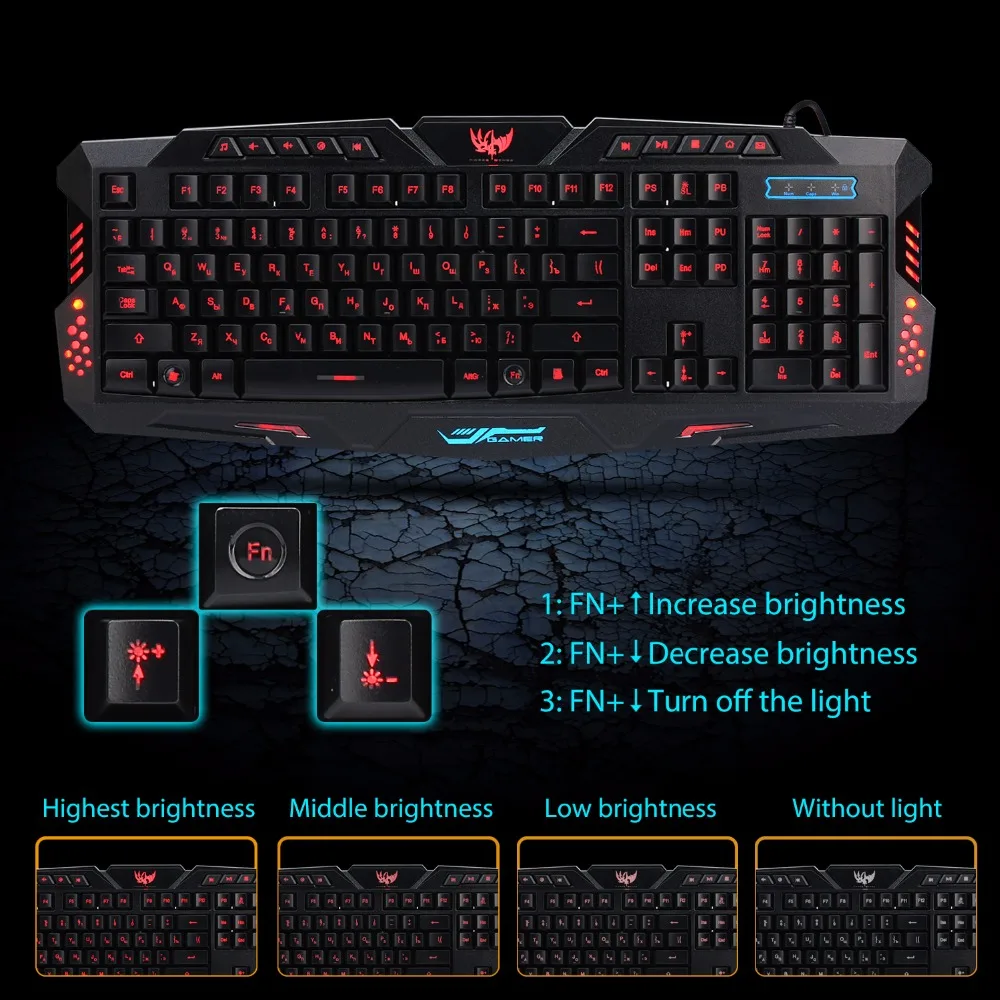Russian English Version Keyboard Standard USB Wired Backlit Gaming Ergonomics 3 Color Switchable LED For Laptop Computer (2)