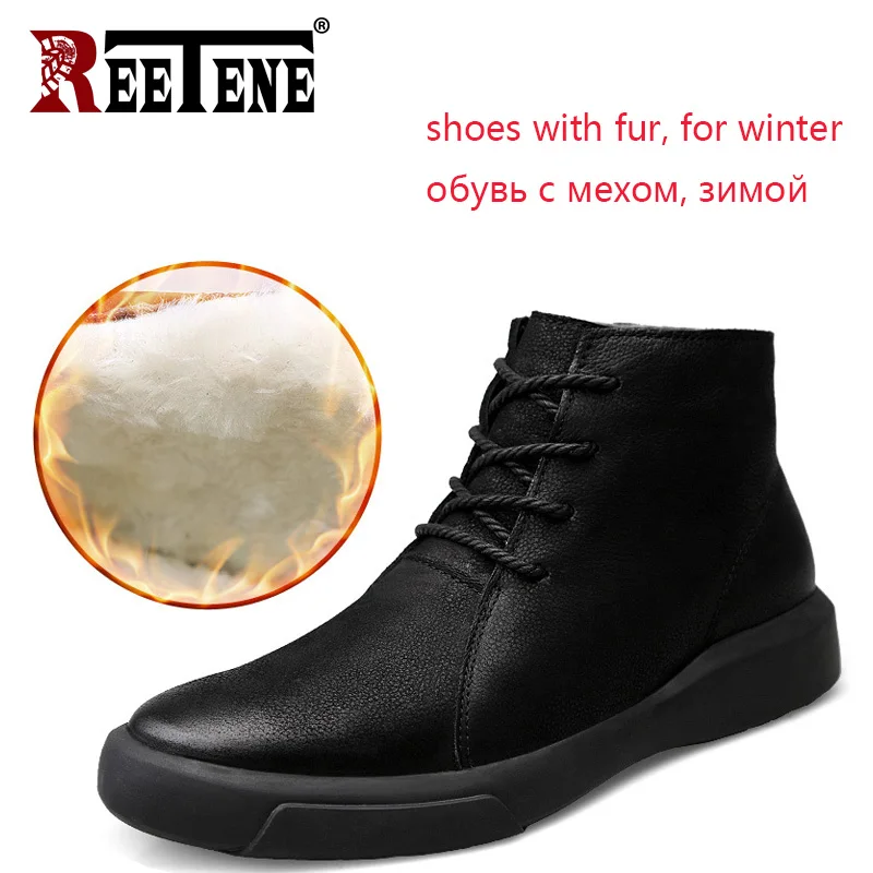 

REETENE Men Shoes Full Grain Leather Men Winter Boots Solid Black Lace Up Boots Men Outdoor Fashion Warm Sneakers Men's Boots