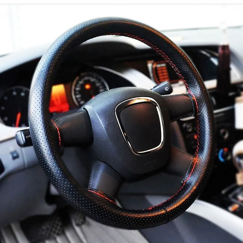 Black PU Leather Car Truck Auto Steering Wheel Cover With Needles and Thread 