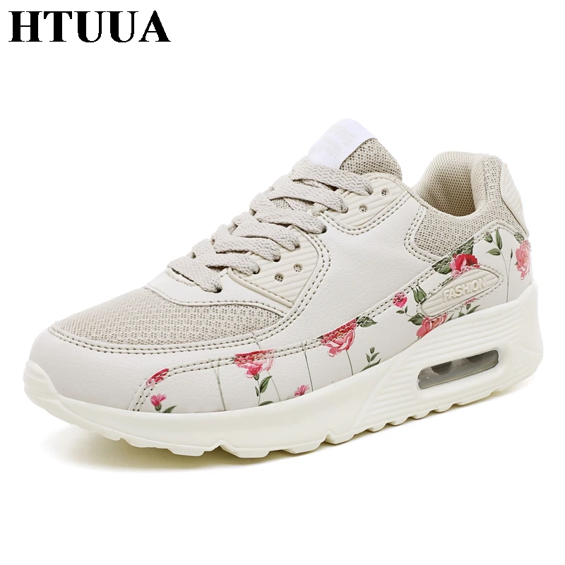 Женские кроссовки на платформе HTUUA белые дышащие с цветочным принтом