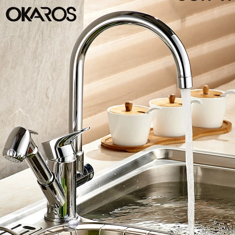 OKAROS Kitchen Faucet With Pull Out Spray Gun 360 Degree Rotation Solid Brass Chrome Finish
