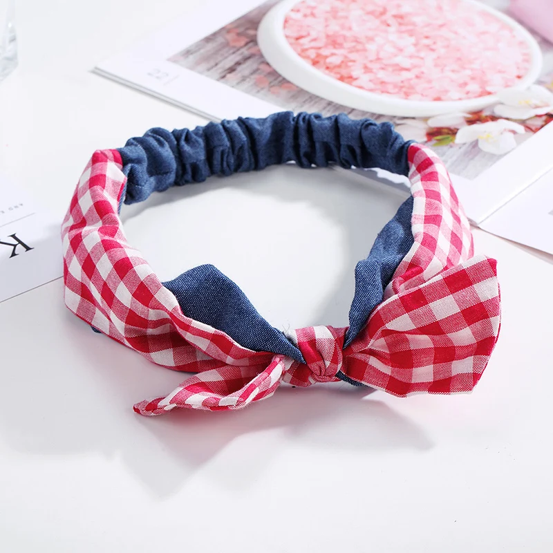 

CHIMERA Lady's Plaid Headband Fashion Bunny Ear Hairband Elastic Bow Knotted Cowboy Cloth Headwrap Hair Accessories for Women