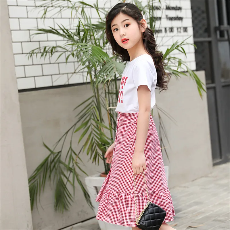 

Girls Summer Clothing Set 2019 Summer Teen Girls Letter T-Shirts And Lattice Skirt 2 Piece Kids 3 5 7 9 11 12 Years Clothes