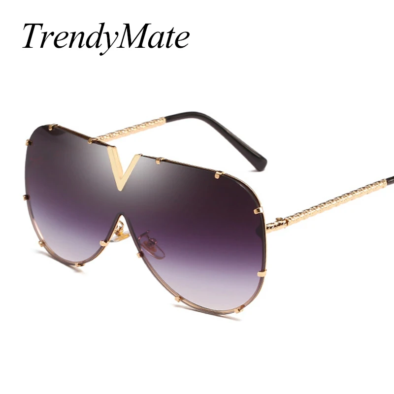 

Luxury Brand Oversize Sunglasses One Piece Women Sexy Rivet Sun Glasses Shield Shades Men Windproof Eyewear Big Frame 1337T