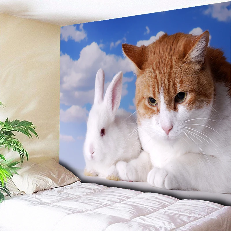 

Cats Rabbit Two Animals Emoji Tapestry Wall Hanging Blue Sky Psychedelic Wall Tapestry Decorative Hippie Tapestries for Bedroom