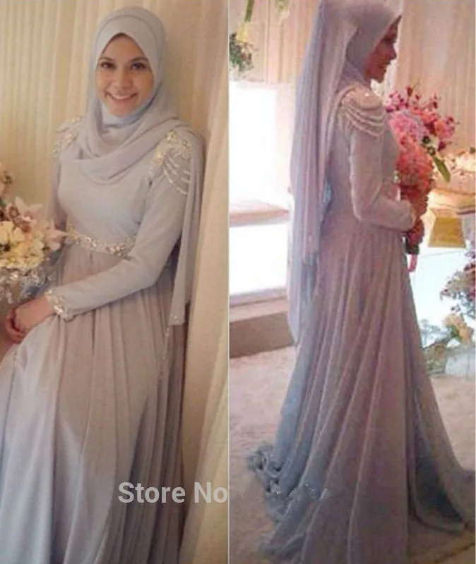 2016 Muslim Evening Dresses A line Long Sleeves Silver Chiffon Beaded font b Islamic b font