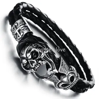 

8.5" Double Layers Black Leather Warp Bracelet mens bracelets 2020 Vintage Skull Braided Wristband (with Gift Bag)