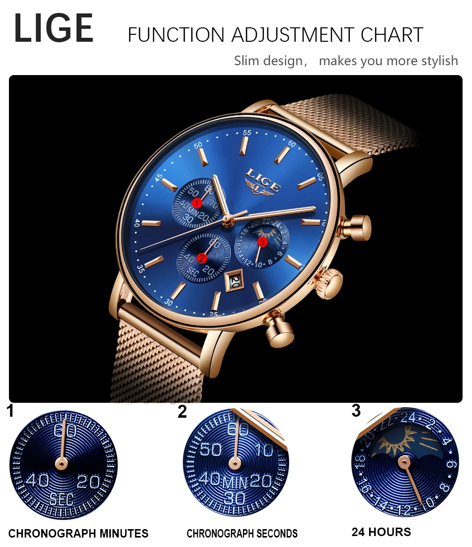 Reloj Mujer, модные женские часы, Лидирующий бренд, роскошные, нержавеющая сталь, хронограф, женские повседневные, розовое золото, синие аналоговые кварцевые часы