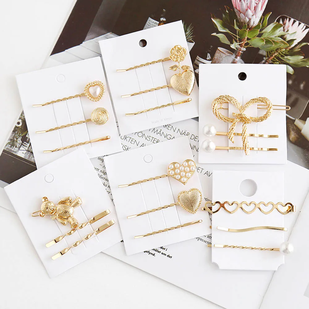 

3pcs/Set Pearl Gold Heart Bow Hair Accessories 2019 Elegant Women Hair Clips Girls Metal Crystal Hairpin Barrette Headdress