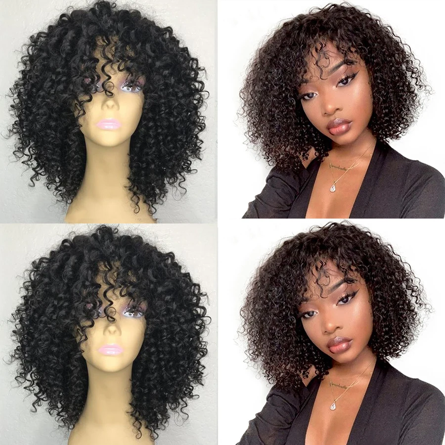 

SimBeauty Short Bob Curly Lace Front Human Hair wig With Bangs Brazilian Remy Hair Fringe Wig Pre Plucked With Baby Hair