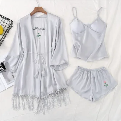 Daeyard Sleep Lounge женские пижамные комплекты с нагрудной накладкой Весна Лето атласная пижама Повседневная Пижама Femme Домашняя одежда 3 штуки - Цвет: gray
