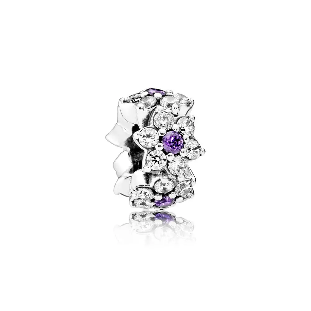925 Sterling Silver Beads Charms Flowers Of Purple Stamens Crystal Bead