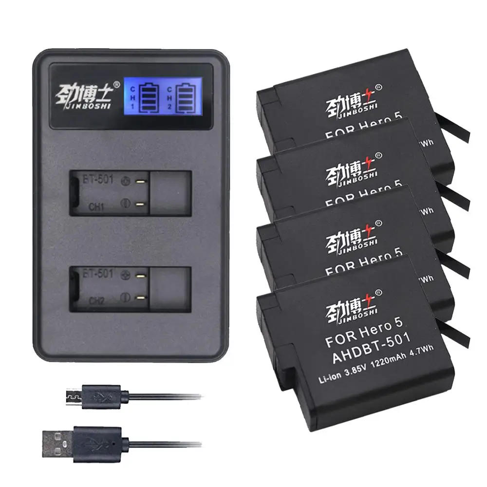 

4PCS 1220mAh AHDBT-501 AHDBT 501 Li-ion Battery for Gopro+LCD Dual USB Charger for Go Pro hero 5 hero 6 hero 7 Camera Battery