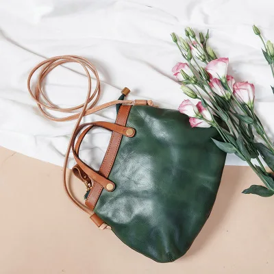 Дизайнерская ручная работа из натуральной коровьей кожи Маленькая сумка через плечо для девочек ретро тренд высокое качество сумка-мессенджер простая сумка - Цвет: Green