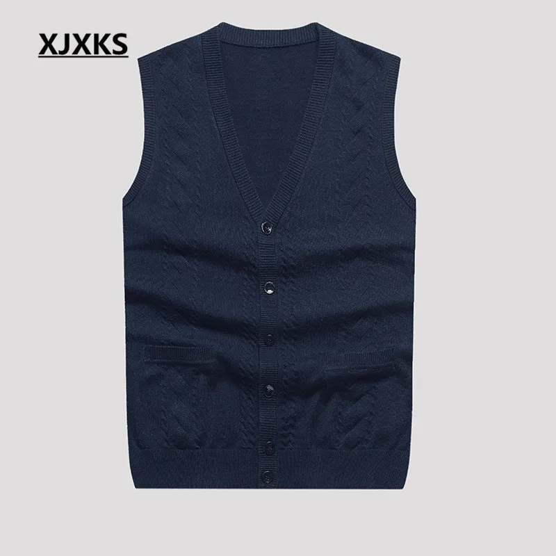 

XJXKS Knitted Fabrics Solid Pockets Men's Sweaters Cardigans Plus Size Single Breasted Casual Natural Men Sweater K-20