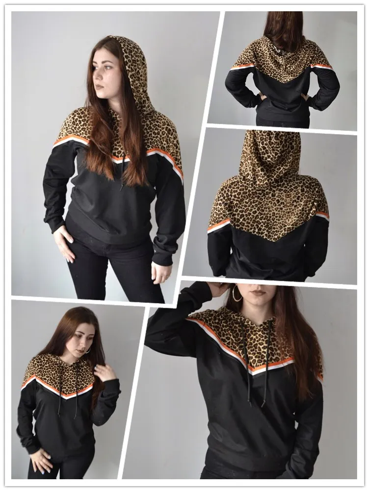 SweatyRocks Спортивная леопардовая контрастная полосатая Толстовка с длинным рукавом, Повседневный пуловер с капюшоном, свитшоты, осенние женские топы