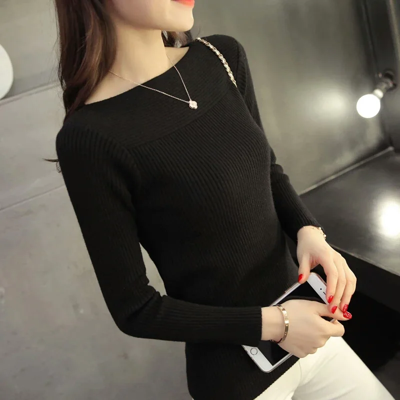 Sweater Women Slash Neck Pullovers Female Knit Bottoming Slim Stretch Korean Version Solid Color  2018 Autumn Winter New Tops