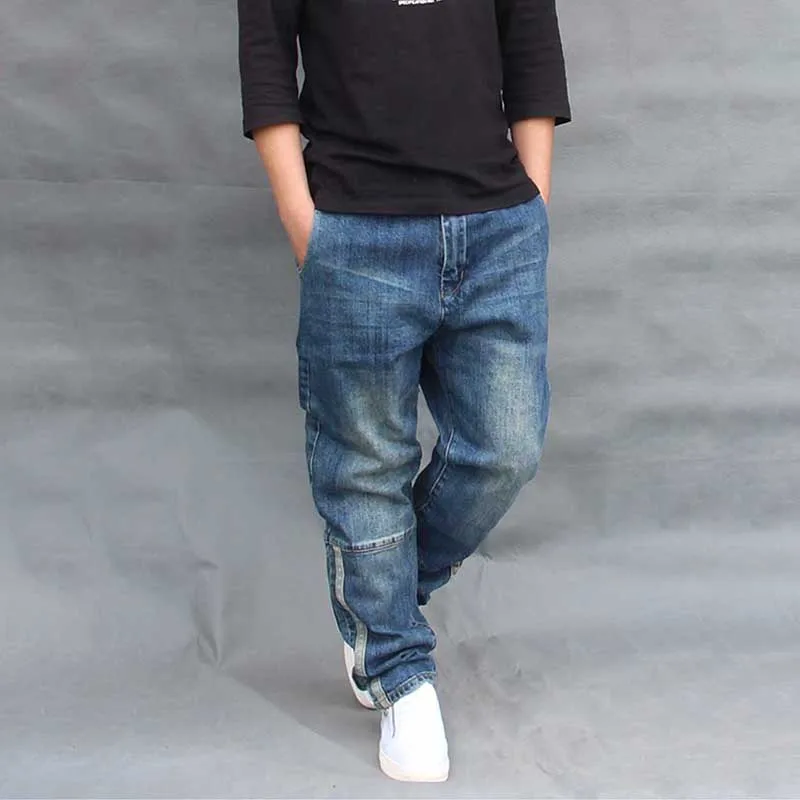 

Hip Hop Harem Jeans Men Loose Baggy Patchwork Denim Pants Side Stripe Plus Size Men Clothes Joggers Trousers