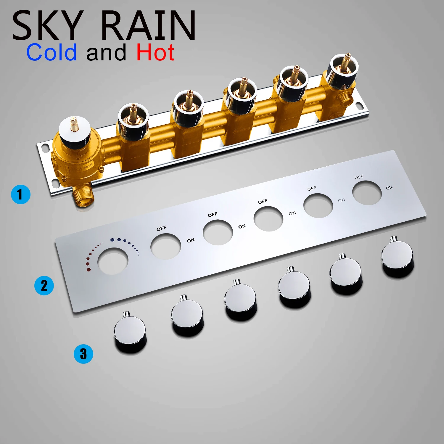 SKY RAIN Modern 5 Ways Water Outlet High Flow Valve Brass Chrome Plated Shower Mixer 6 Handle SKY RAIN Modern 5 Ways Water Outlet High Flow Valve Brass Chrome Plated Shower Mixer 6 Handle