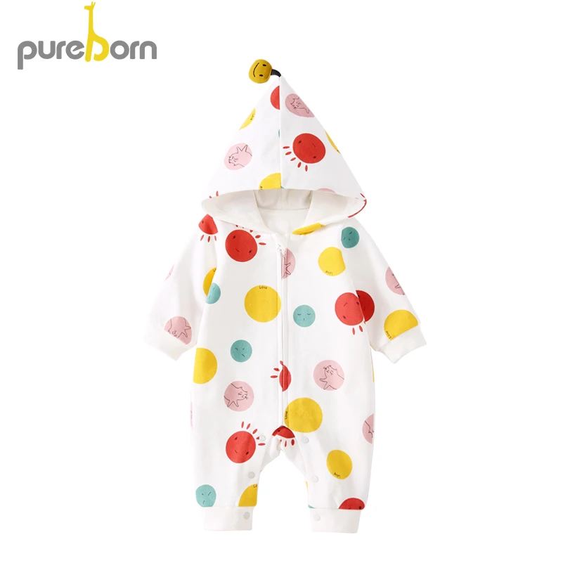 Pureborn/комбинезон для маленьких мальчиков и девочек; комбинезон в разноцветный горошек с длинными рукавами на молнии; хлопковая одежда с капюшоном; весенне-осенняя одежда