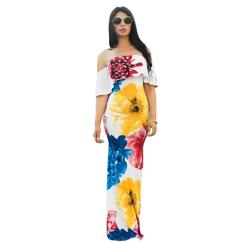 Стиль лето повседневное женское платье с вырезом лодочкой Модный цветочный принт сексуальные с открытой спиной пляжные платья в стиле бохо Макси платье Vestidos