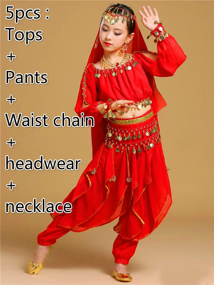 Новая детская одежда для индийских танцев платье для выступлений танец живота Национальный Болливуд танцевальные костюмы для девочек Одежда для танца живота комплект одежды - Цвет: 5pcs red