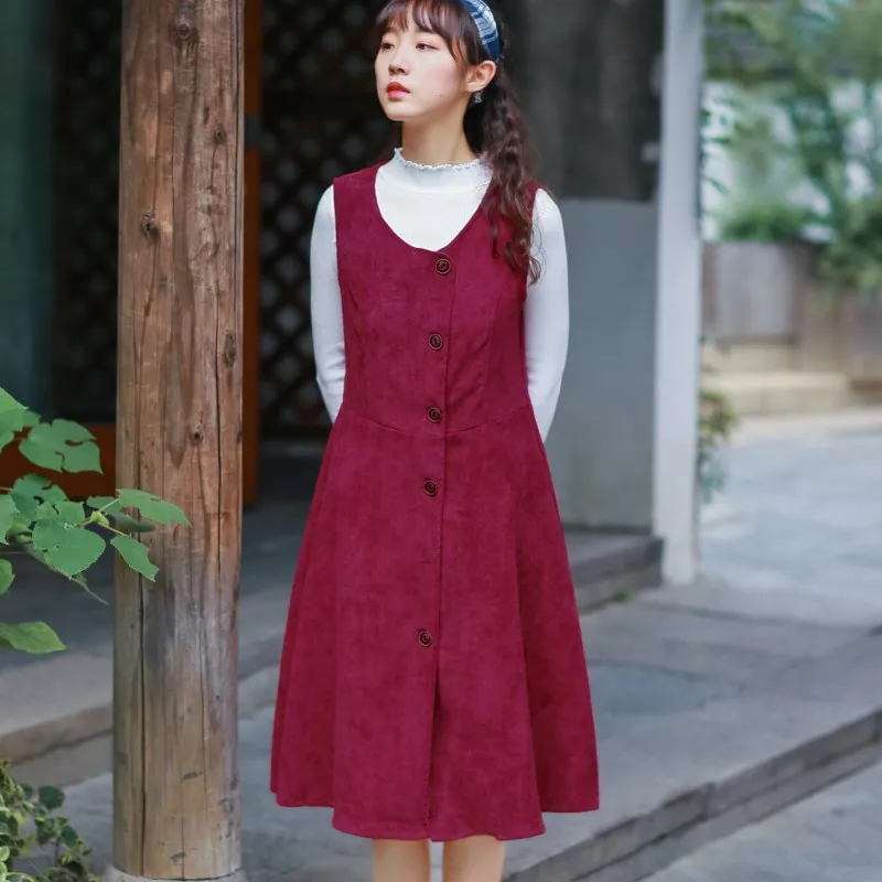 Mori Girl осень зима милый сарафан винно-красное повседневное свободное платье на бретелях винтажное вельветовое универсальное элегантное платье Kawaii