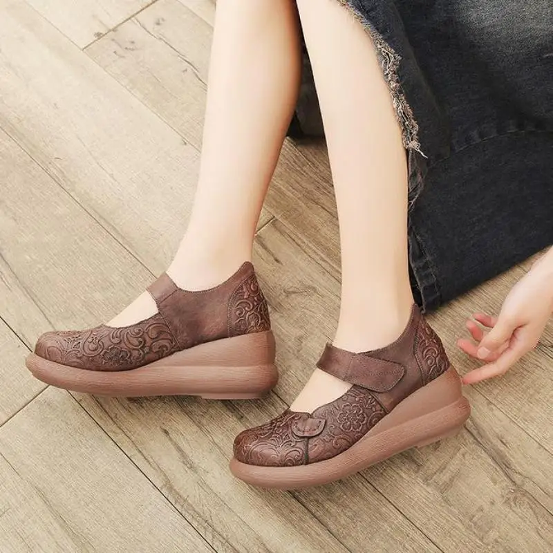 

Women Wedge Pumps Leather Embroidery 5 Cm High Heels Spring Shoes Women Handmade Genuine Leather Pumps Ladies Mary Jane Shoes