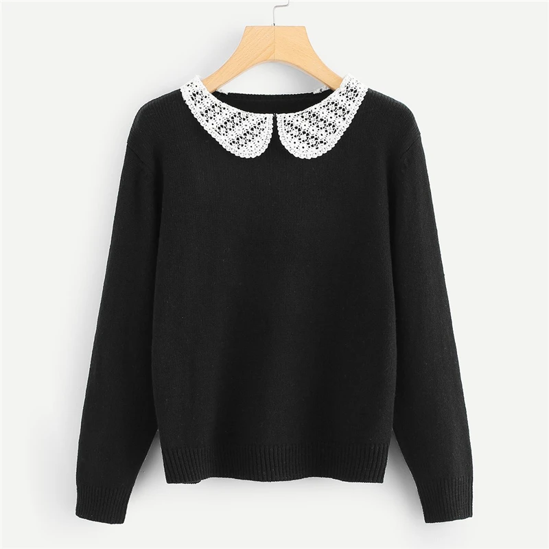 Sheinside черный пуловер с контрастным кружевным воротником в стиле Питера Пэна, вязаный свитер, женская одежда, осень, джемпер с длинным рукавом, свитера