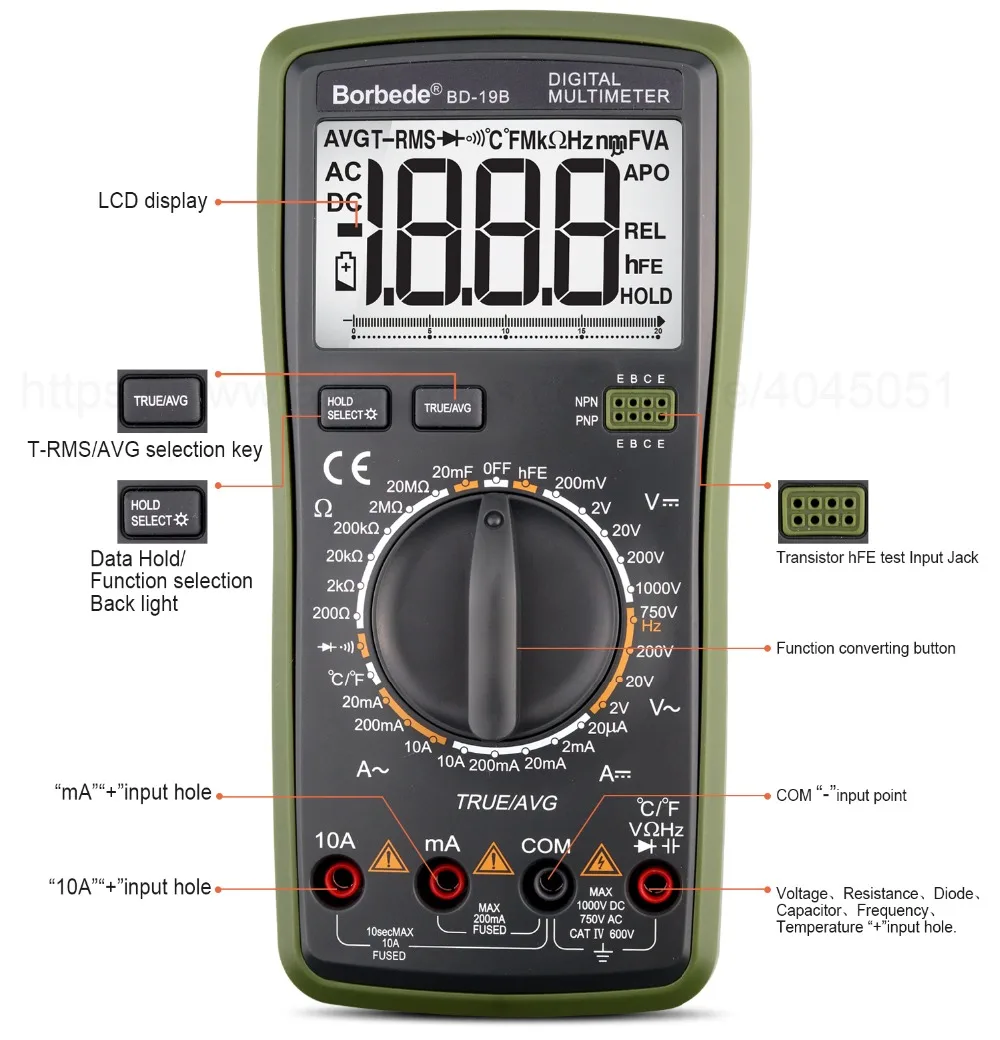 Borbede BD-19B Цифровой мультиметр ЖК-дисплей DC AC Напряжение Ток Сопротивление Емкость температура True RMS диод тестер 2000 отсчетов