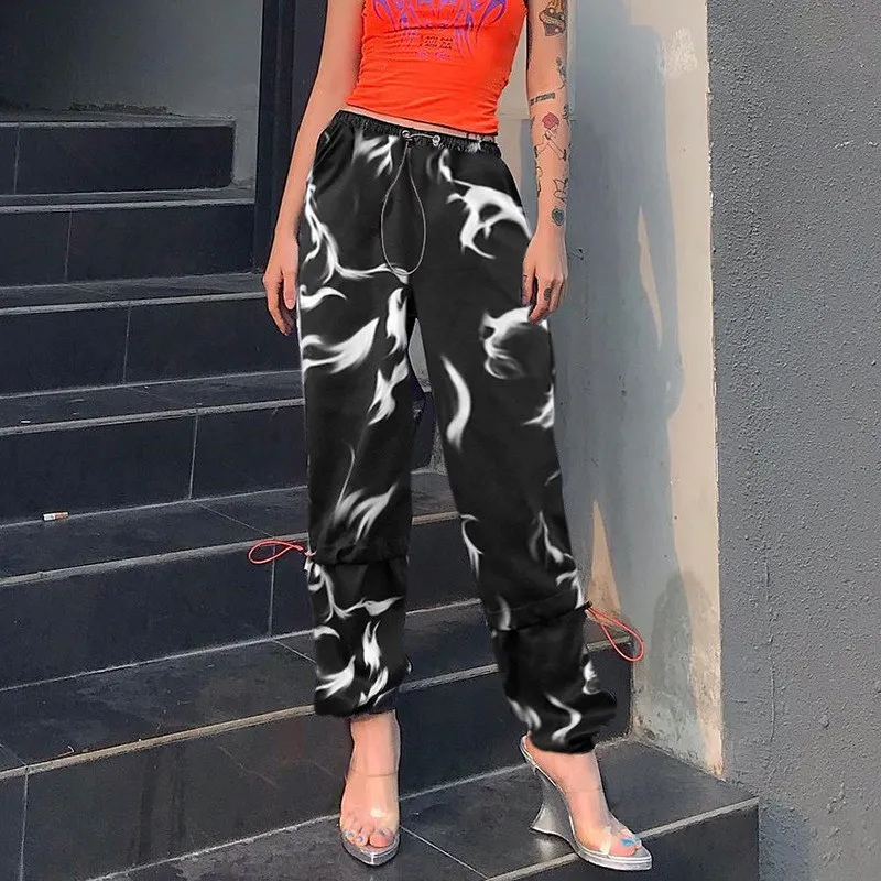 

2019 Summer Bloom Printed Casual Harajuku Sweatpants Women Casual Black Trousers Elastic High Waist Track Pants Capris