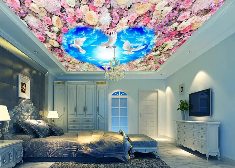 3d wallpaper ceiling Blue sky white clouds dove flowers ...