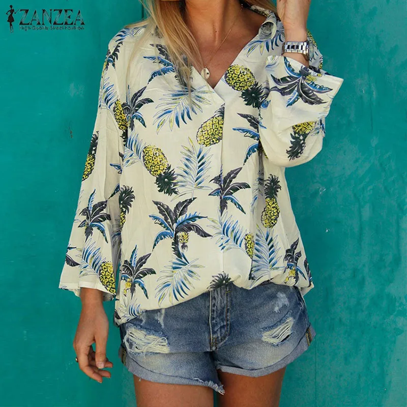  ZANZEA Hawaii Blouse Women Casual Floral Print Shirt Casual V Neck Tunic Tops Beach Blusas Holiday 