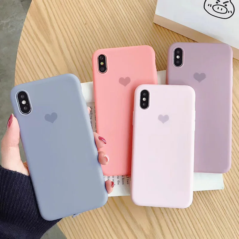 

Korea Lovely heart plain case for iphone 8 plus case heart soft matte candy color cover for iPhone10 6 8 7 plus X XS MAX XR