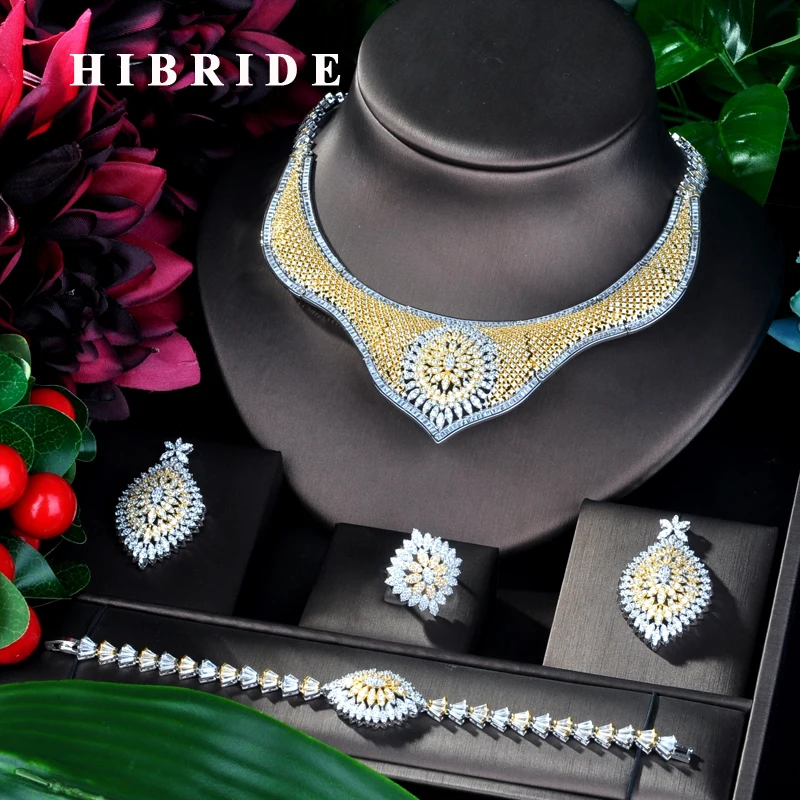 

HIBRIDE большой роскошный модный дизайн кубический циркон 4 шт. женский свадебный комплект ювелирных изделий из меди Дубай ювелирные изделия для женщин