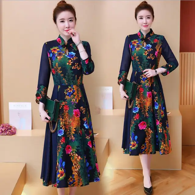 2018 Chinese Style Female V collar Elegant Vintage Printing Cotton and