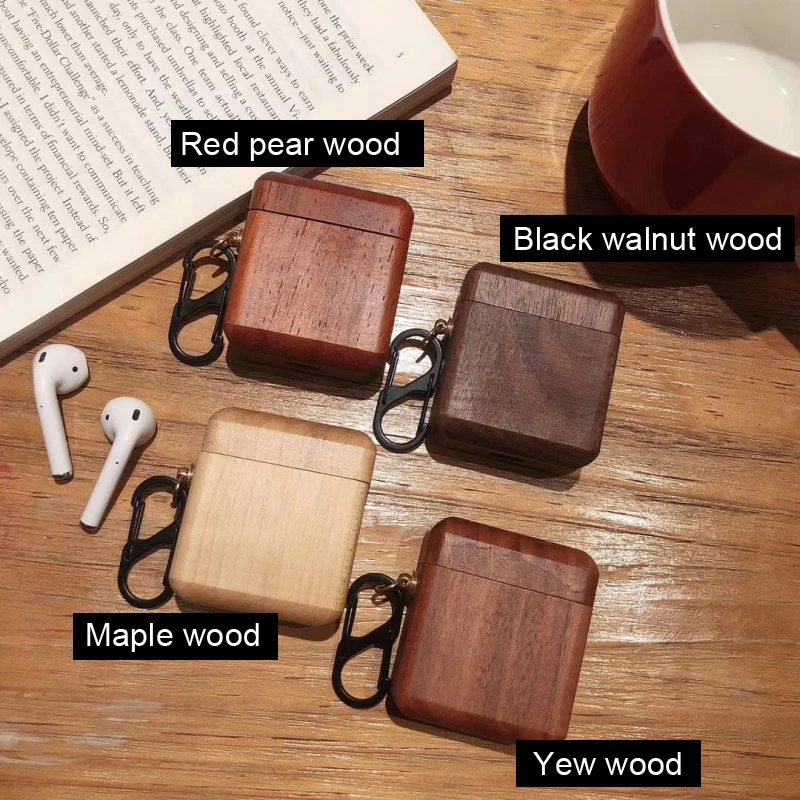 Ретро натуральный твердой древесины для AirPods деревянный защитный чехол Apple Bluetooth беспроводная гарнитура жесткий корпус с крючком
