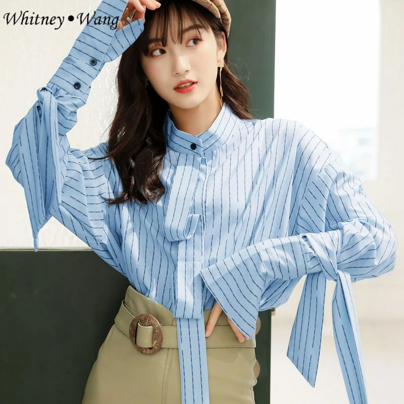 WHITNEY WANG 2019 весенне-осенняя модная уличная полосатая блузка с лентами женские