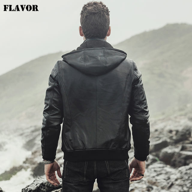 Men’s Real sheepskin Leather Jacket Hooded Motorcycle coat Lambskin Genuine Leather Jacket