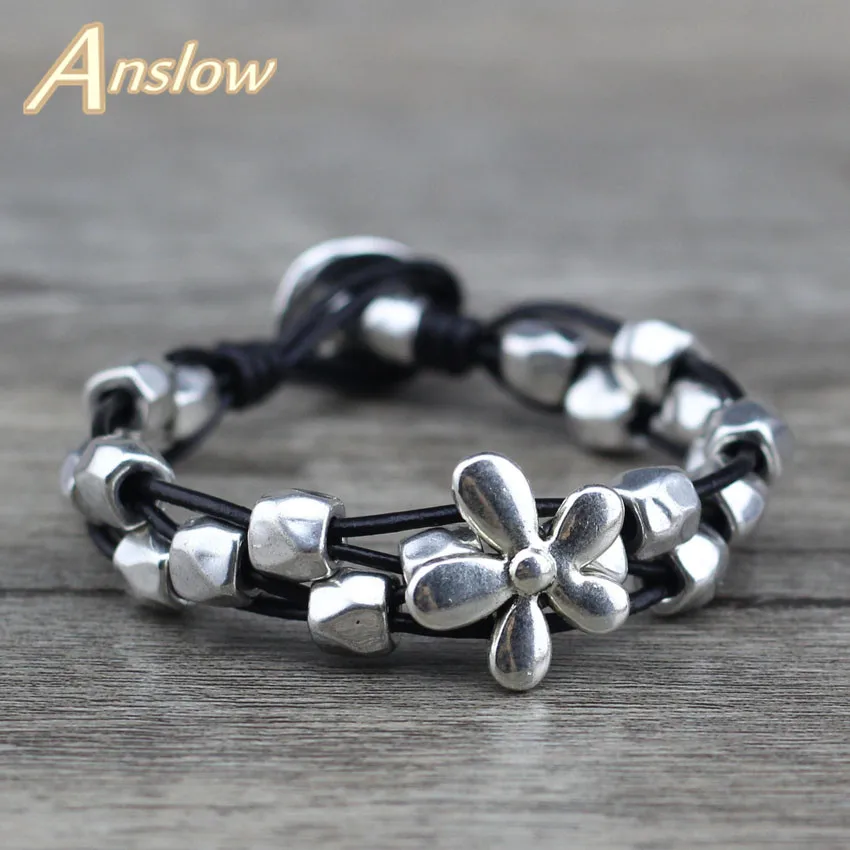 Браслет кожаный Anslow с цветами на удачу посеребренный в античном стиле для женщин