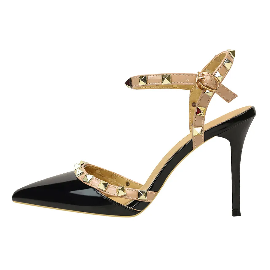Г., летние классические женские босоножки с заклепками туфли на высоком каблуке с пряжкой на лодыжке модные женские туфли-лодочки сандалии для вечеринок лакированная кожа - Цвет: Черный