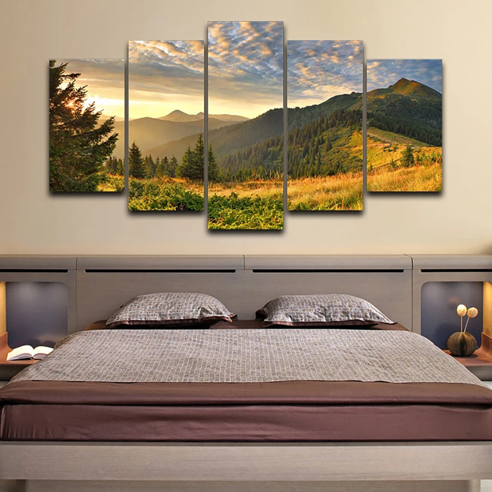 

Pictures Framework Living Room HD Printed Painting 5 Panel Sunrise Mountain Forest Landscape Home Decor Poster Modern Wall Art