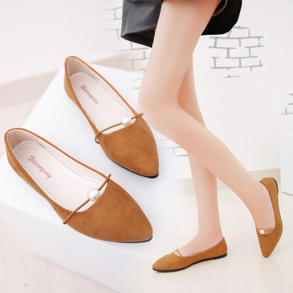Perle Sur Noir Chaussures Daim Bout Mode rose En Talon vert Haute Base Qualité marron Couleur Plat De gris Pointu Femmes Ballerine Appartements Nouvelles Des Glisser Ballet Unie BEH1p0Bnx