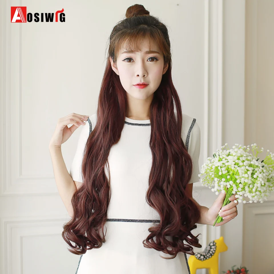 Pure Color Long Wavy Hair Extensions 1 Piece 2 Clip-in High Temperature Fiber Hair Extensions for Women AOSIWIG
