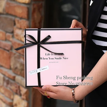 

20*20*6.8cm Pink color Cake sugar paper box with black edge,candy biscuit box,snacks Packaging gift square Boxes 100pcs/lot