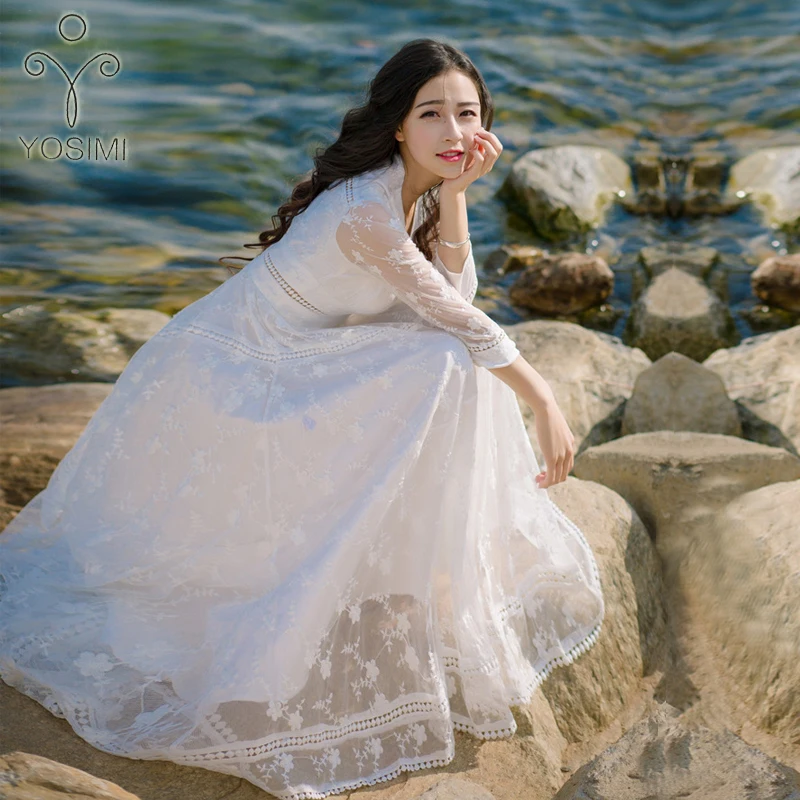 

YOSIMI 2018 Summer Dress Maxi White Lace Hollow Out Vintage V-neck Beach Long Women Dress Tunic Slim Fairy Female Midi Vestido