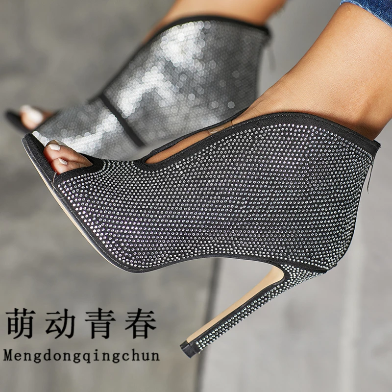 

35-42 Plus Size Women High Heeled Peep Toe Heels Sandals Rhinestone Gladiator Shoes Party Shoes Daimond Wedding Shoes Pumps