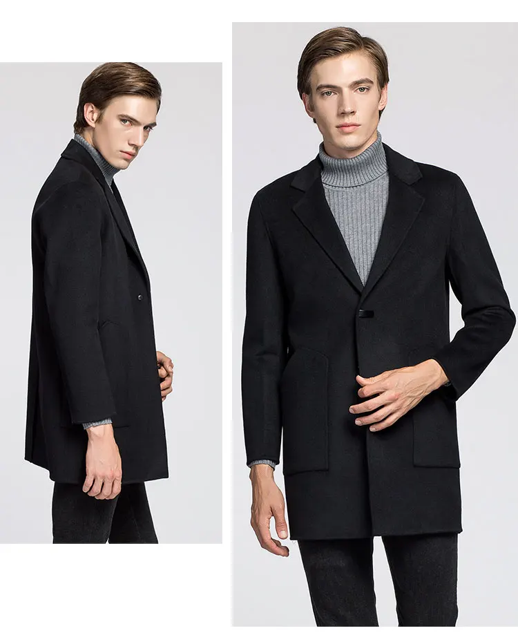 Batmo new arrival winter high quality double side wool casual black trench coat men,men's long winter coat 85839